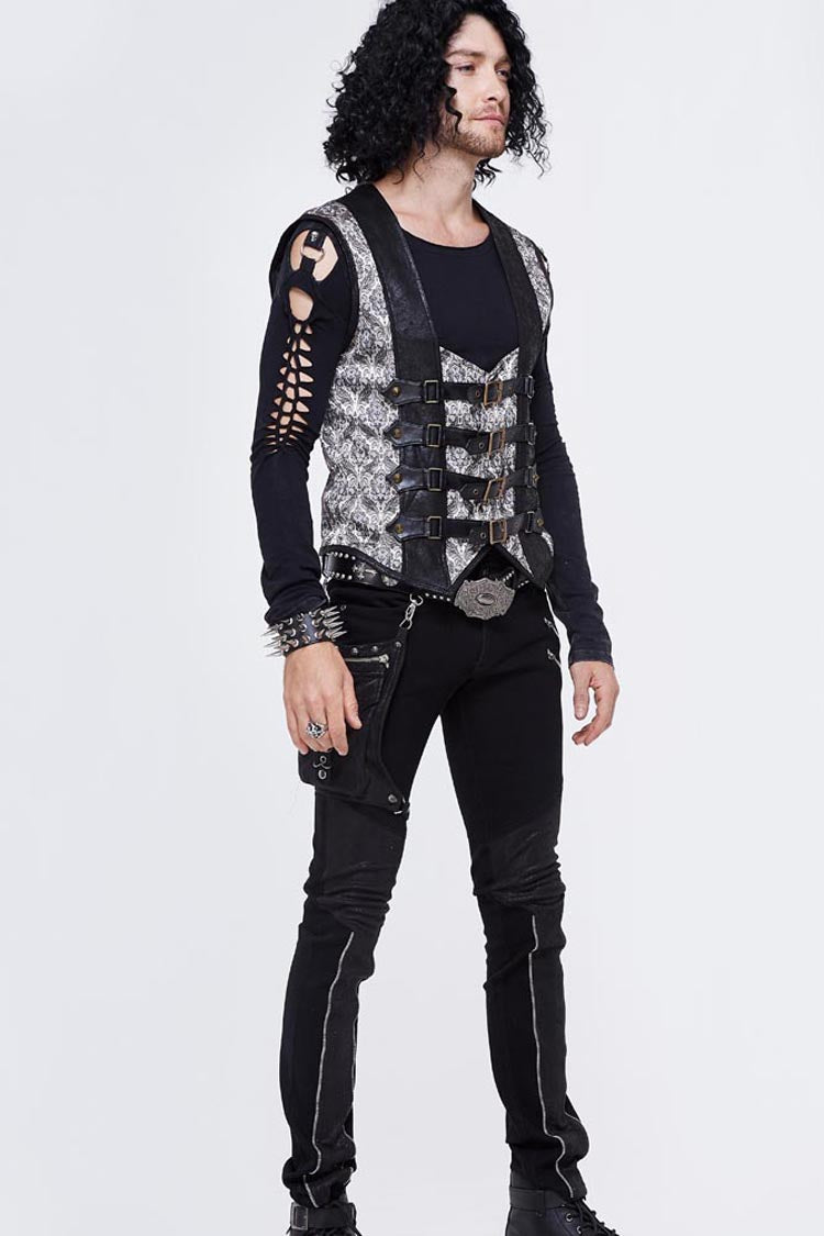 Silver Back Lace Up Jacquard Splice Chest Loop Men's Punk Waistcoat - Product - 7