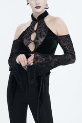 Black Pentagram Flocking Rope Rose Button Off-Shoulder Long Sleeve Women's Gothic T-Shirt - Black - 1