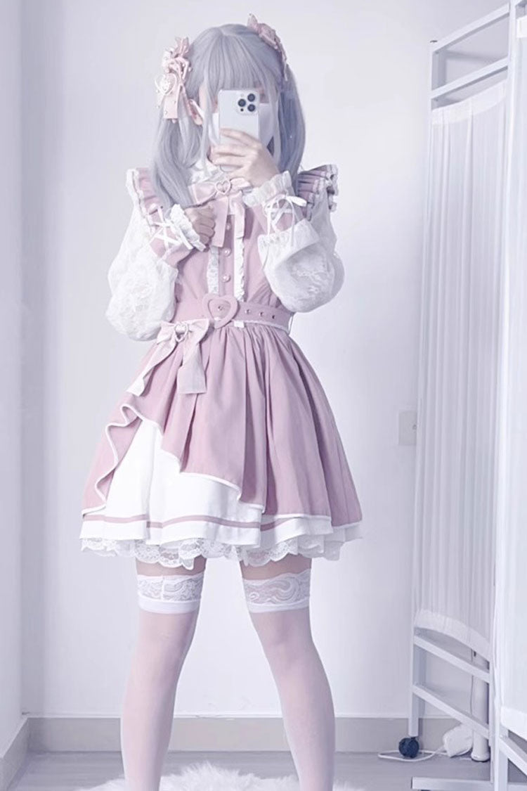 [Little Idol] Ruffle Bowknot Lace Irregular Asymmetric Jirai Kei Dress 6 Colors - Pink/White - 4