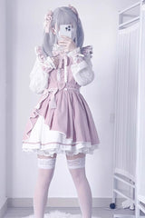 [Little Idol] Ruffle Bowknot Lace Irregular Asymmetric Jirai Kei Dress 6 Colors - Pink/White - 4