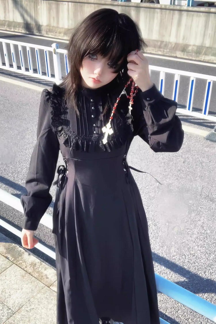 Black Stand Collar Long Sleeves Ruffled Lace-Up Gothic Lolita Dress - Product - 7
