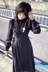 Black Stand Collar Long Sleeves Ruffled Lace-Up Gothic Lolita Dress - Product - 7