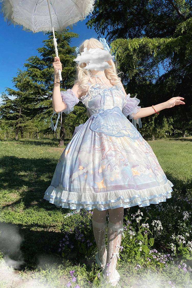 Blue [Walking In The Clouds] Print Ruffle Bowknot Lace Sweet Lolita Jsk Dress Full Set - Blue - 1