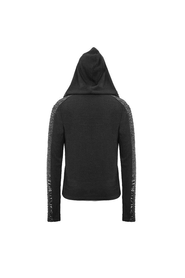 Black Chest Lace Up Vertical Stripes Woolen Splice Bright Crimped Fabric Hooded Men's Punk T-Shirt - Product - 8
