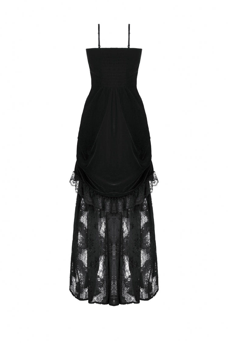 Black Women's Gothic Embroidered Lace Hem Ruched Slip Wedding Dress - Product - 13