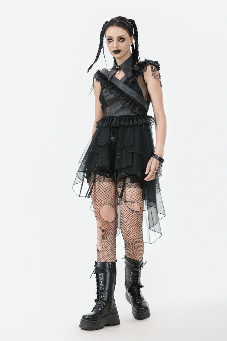 Black V Collar Sleeveless Multi-Layered Ruffled Sheer Mesh Women's Punk Dress - Product - 2