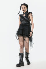 Black V Collar Sleeveless Multi-Layered Ruffled Sheer Mesh Women's Punk Dress - Product - 2