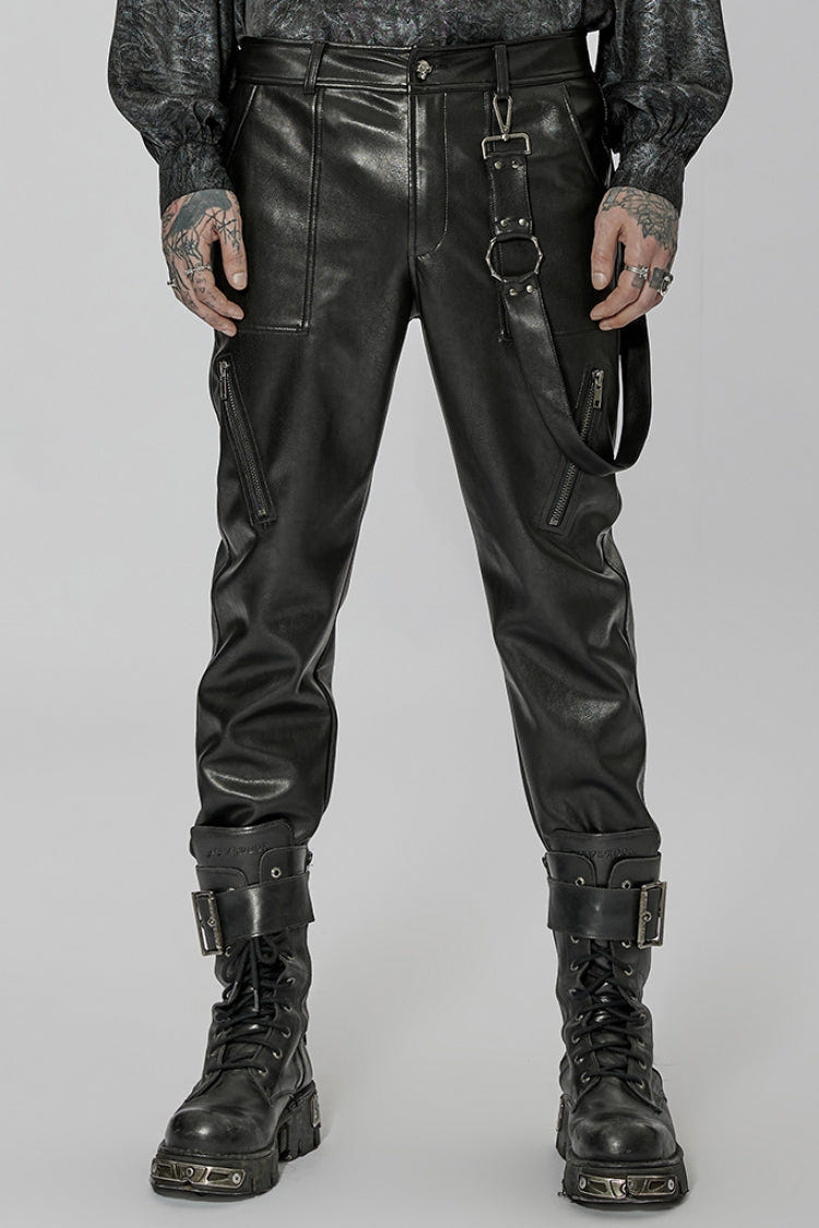 Black Faux Leather Detachable Metal Side Straps Men's Steampunk Pants - Black - 1