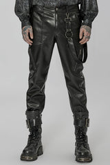 Black Faux Leather Detachable Metal Side Straps Men's Steampunk Pants - Black - 1