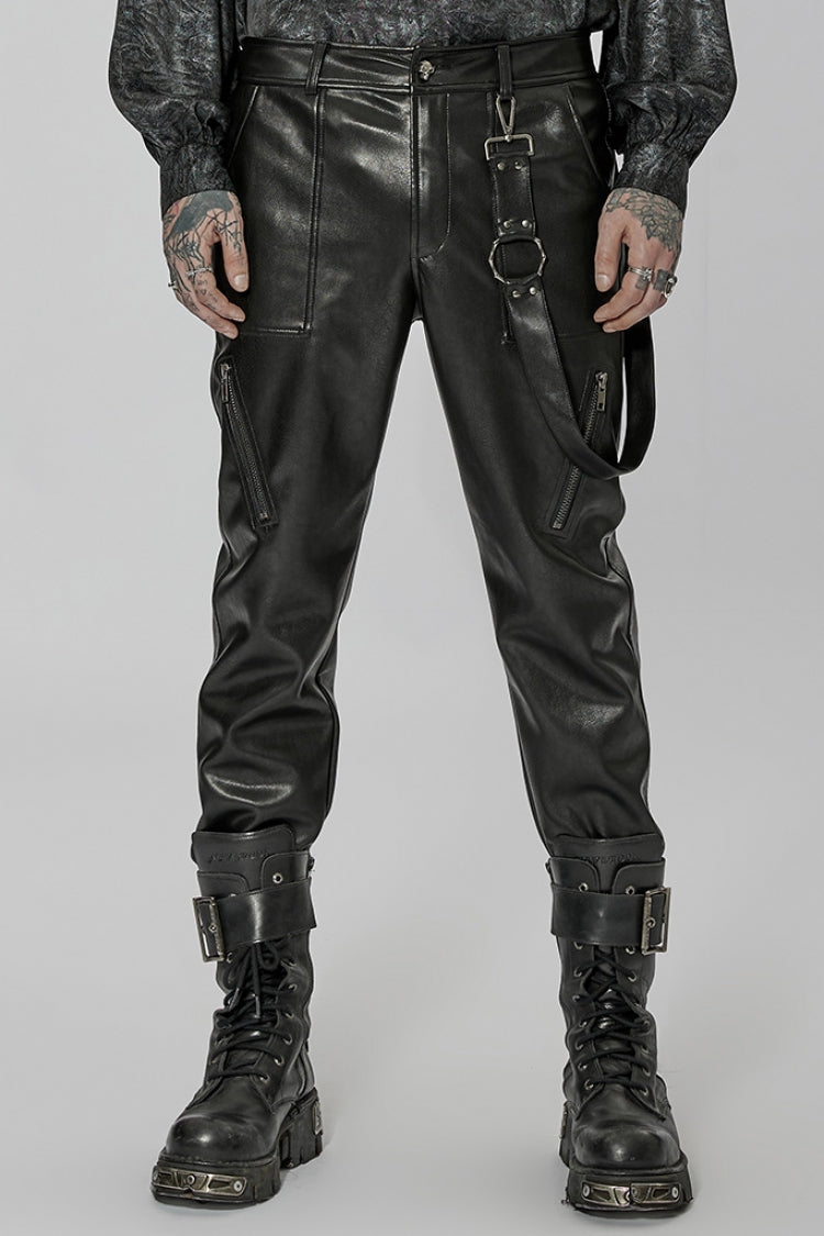 Black Faux Leather Detachable Metal Side Straps Men's Steampunk Pants - Black - 1