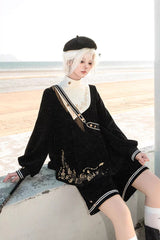 Black [Song Of Tomorrow] Long Sleeves Embroidery Asymmetric Gothic College Style Ouji Lolita Full Set - Product - 2