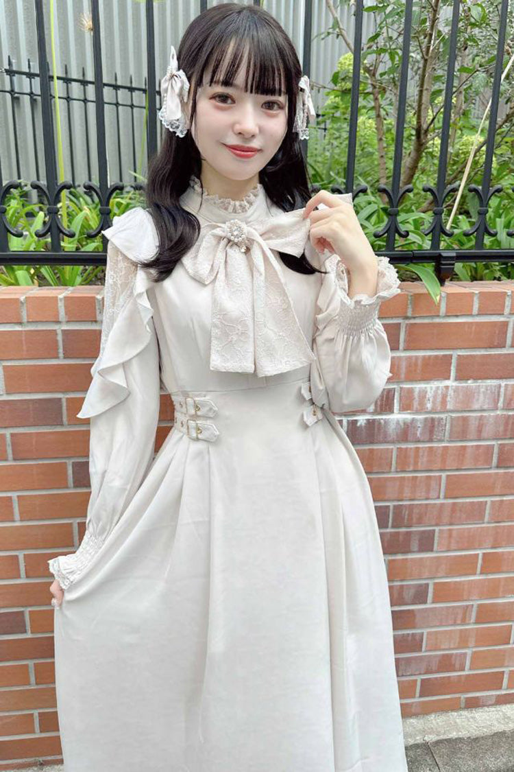 White Stand Collar Off Shoulder Long Sleeves Hollow Bowknot Slim Jirai Kei Japanese Dress - Product - 5
