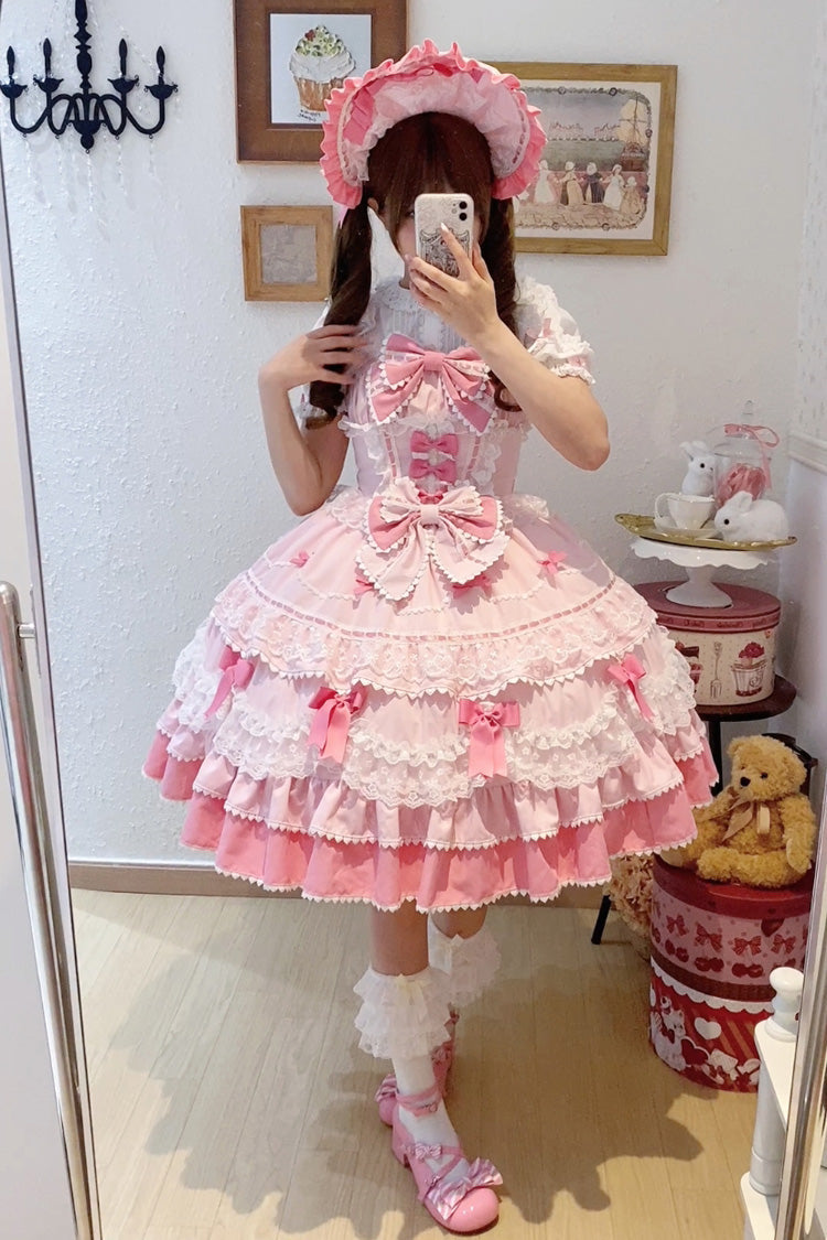 Pink [Fondant Cake] Sleeveless Multi-Layered Ruffle Bowknot Lace Sweet Lolita Jsk Dress - Product - 8