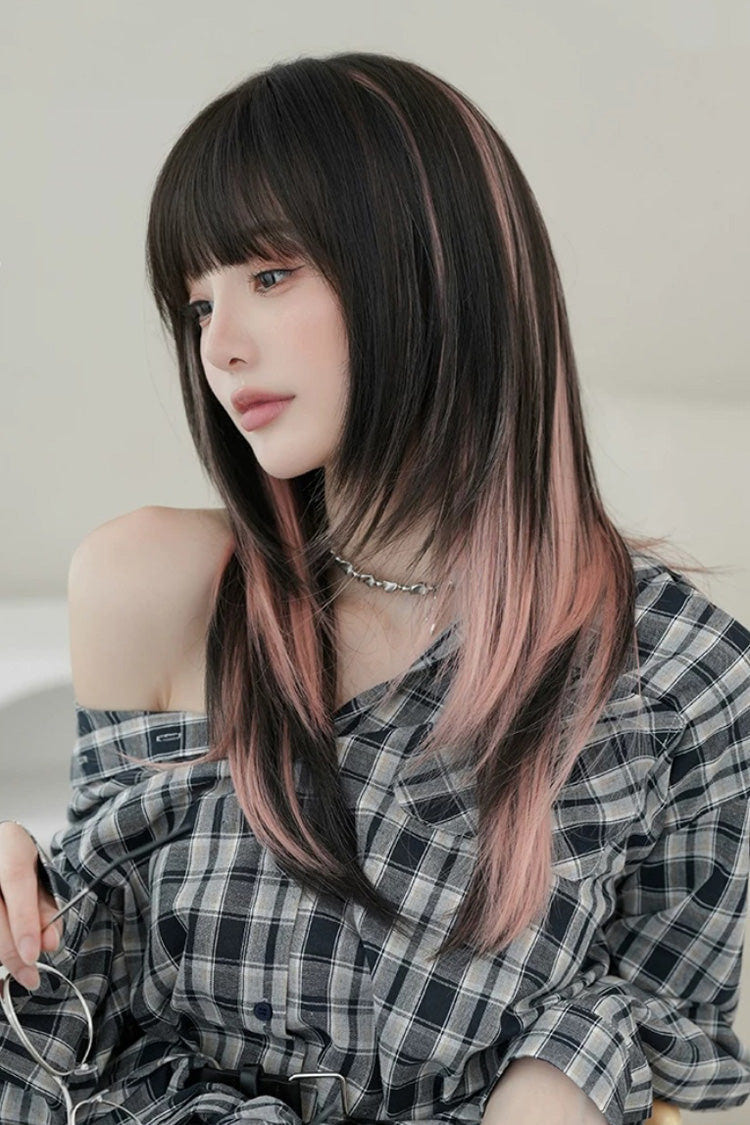 Black/Pink Ombre Fluffy High-Layered Long Straight Wig with Air Bangs - Product - 2