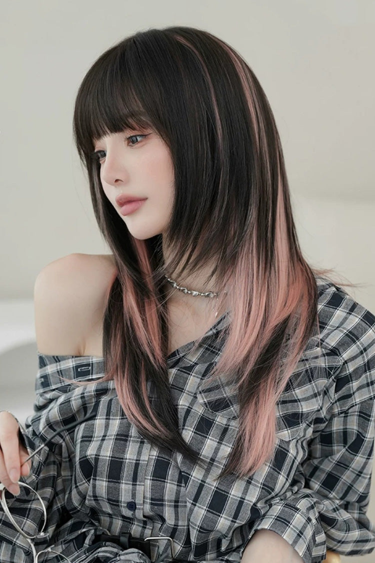 Black/Pink Ombre Fluffy High-Layered Long Straight Wig with Air Bangs - Product - 2