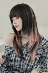 Black/Pink Ombre Fluffy High-Layered Long Straight Wig with Air Bangs - Product - 2