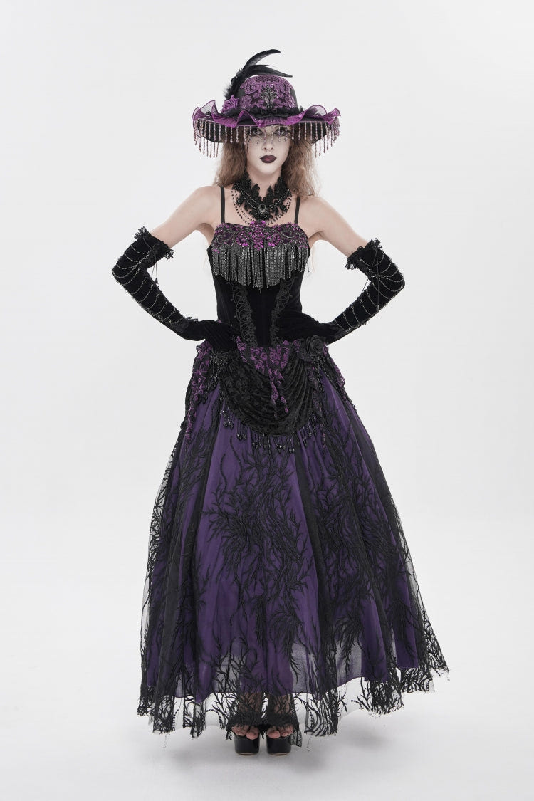 Black/Purple Lace-Up Women's Gothic Embroidered Tassels  Overbust Corset - Black/Purple - 1