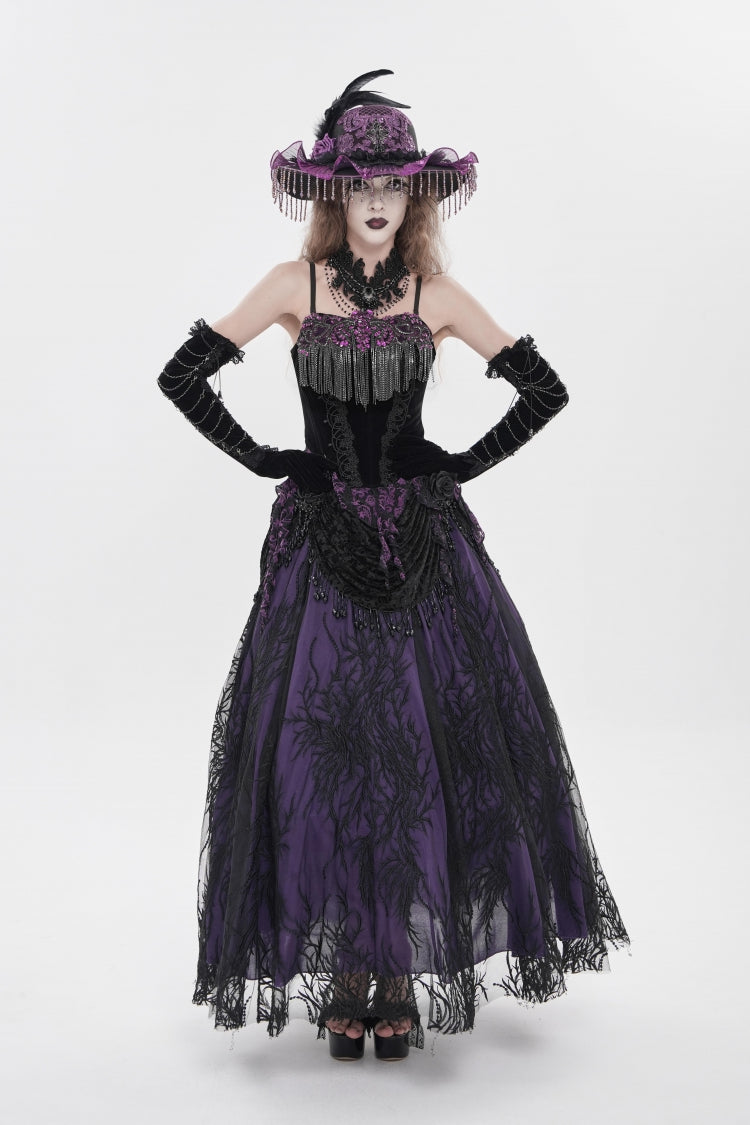 Black/Purple Lace-Up Women's Gothic Embroidered Tassels  Overbust Corset - Black/Purple - 1