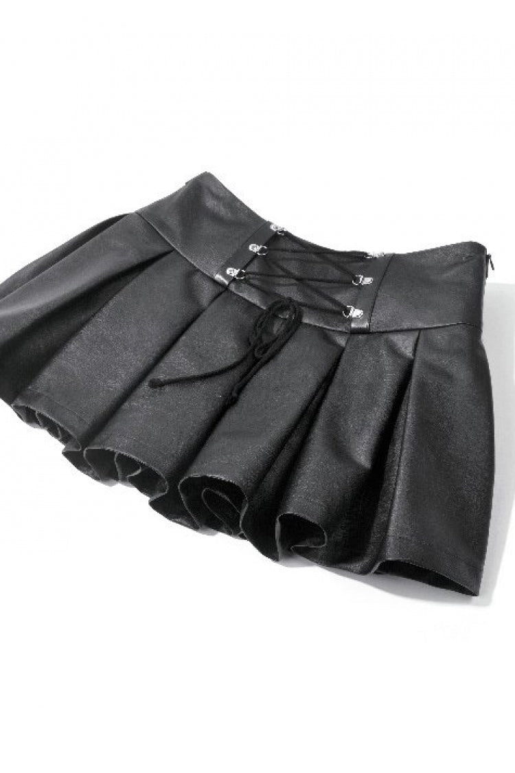 Black Cross Belt Chain-Decorated Lace-Up Women's Punk Pleated Skirt - Product - 17