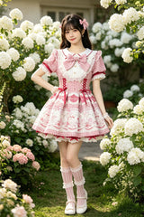 [Tea Party] Lapel Collar Short Sleeves Printed Bow Lace-Up Sweet Jirai Kei Plus Size Dress 3 Colors - Product - 4