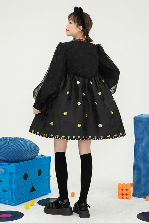 Black Square Neck Organza Print Ruffled Lantern Sleeves High Waisted Sweet Lolita OP Dress - Product - 6