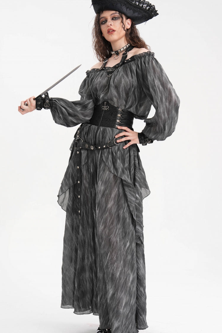Black Ruffle Lace-Up Women's Gothic Eyelets Rivets Long Skirt - Product - 10