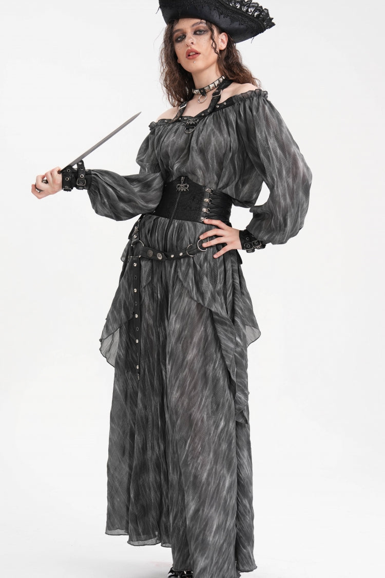 Black Ruffle Lace-Up Women's Gothic Eyelets Rivets Long Skirt - Product - 10