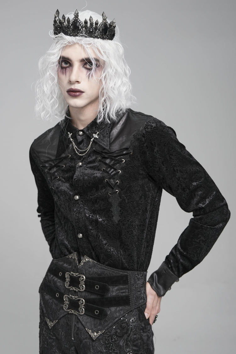 Black Lapel Collar Long Sleeves Print Embroidery Lace-Up Men's Gothic Blouse - Product - 8
