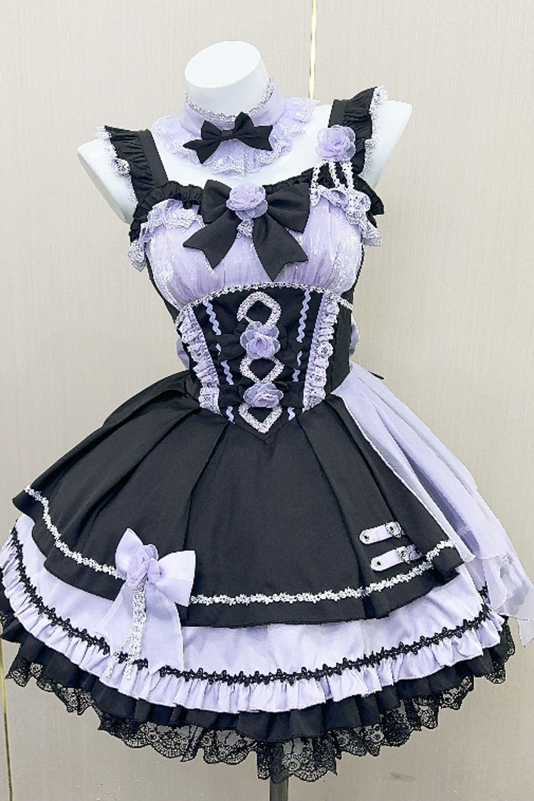 Shadow Rose Sleeveless Multi-layer Ruffle Bowknot Stitching Gothic Lolita Jsk Dress 5 Colors - Black/Purple - 6