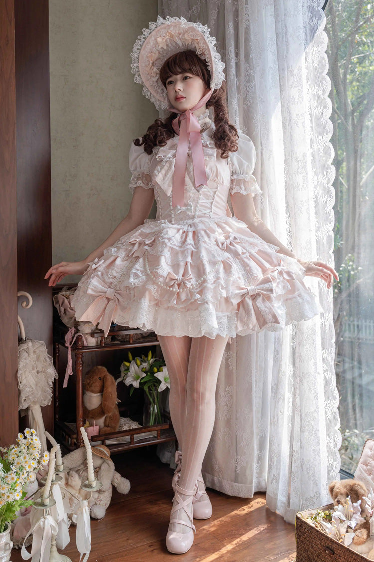 Pink [Small Cakes] Sleeveless Multi-Layered Ruffle Bowknot Lace Sweet Lolita Jsk Dress - Product - 3