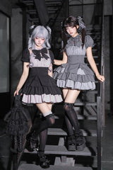 Black Square Collar Off Shoulder Short Sleeves Triple-Layered Bow Vintage Cool Lolita Dress - Product - 8