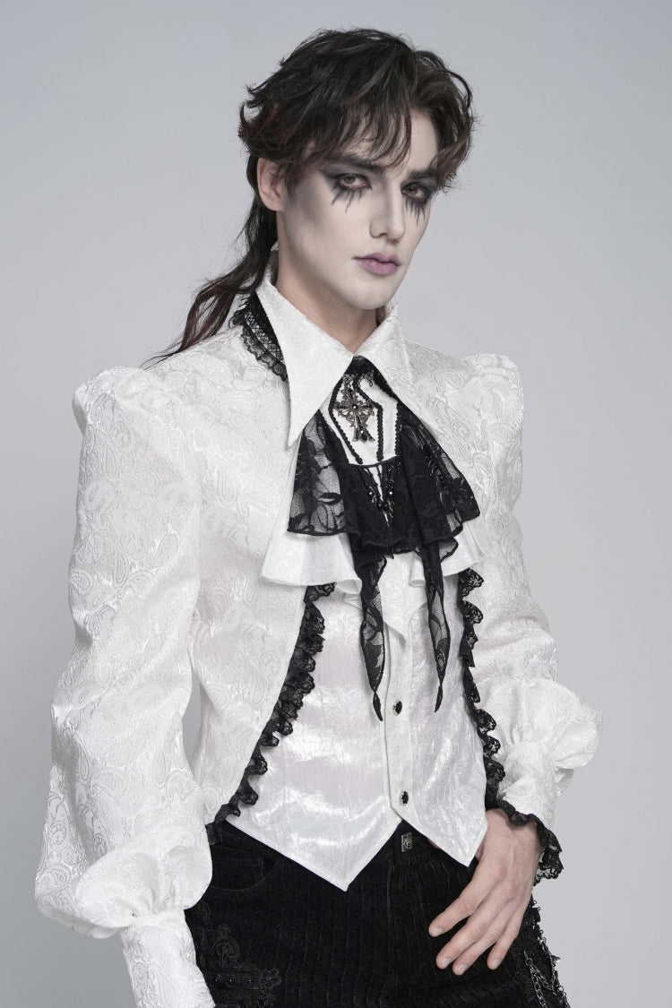 White Jacquard Lace Men's Gothic Royal Cross Beaded Neckwear - Product - 7