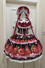 [Sweet Berry Tale] Strawberry Print Ruffle Bowknot Lace Sweet Lolita Jsk Dress 4 Colors - Black/Red - 4