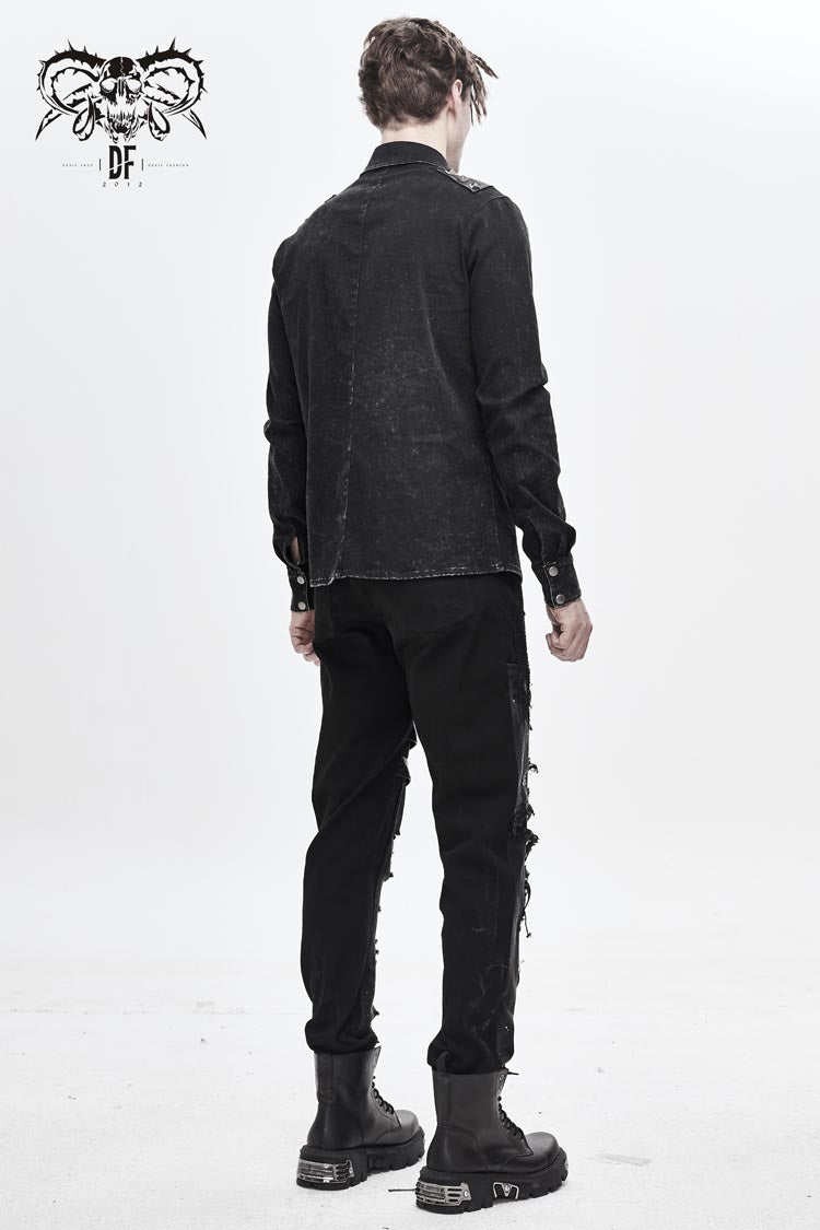 Black Asymmetric Left Shoulder Loop Mesh Rivet Snap Button Men's Punk Shirt - Product - 6