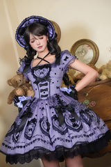 Purple [Sugar Bear] Square Collar Short Sleeves Embroidered Bow Sweet Lolita Dress (Bow Train Included) - Product - 6