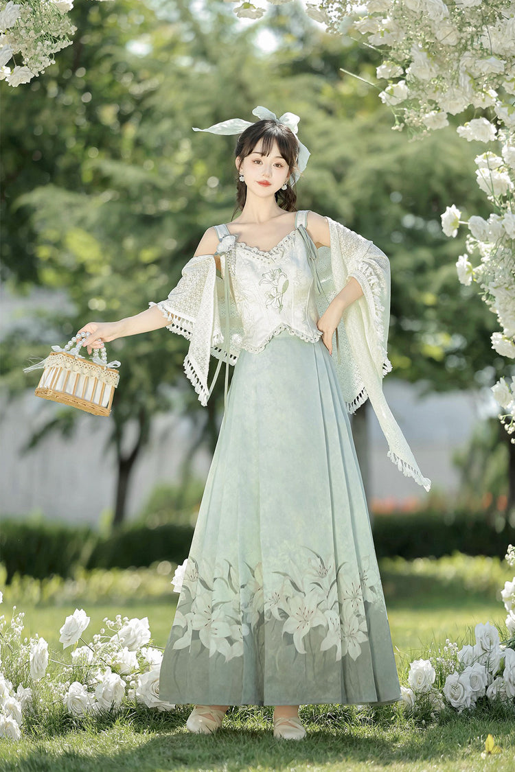 Green High Waisted Print Embroidery Women's Daily Sweet Hanfu Dress Full Set - Product - 3