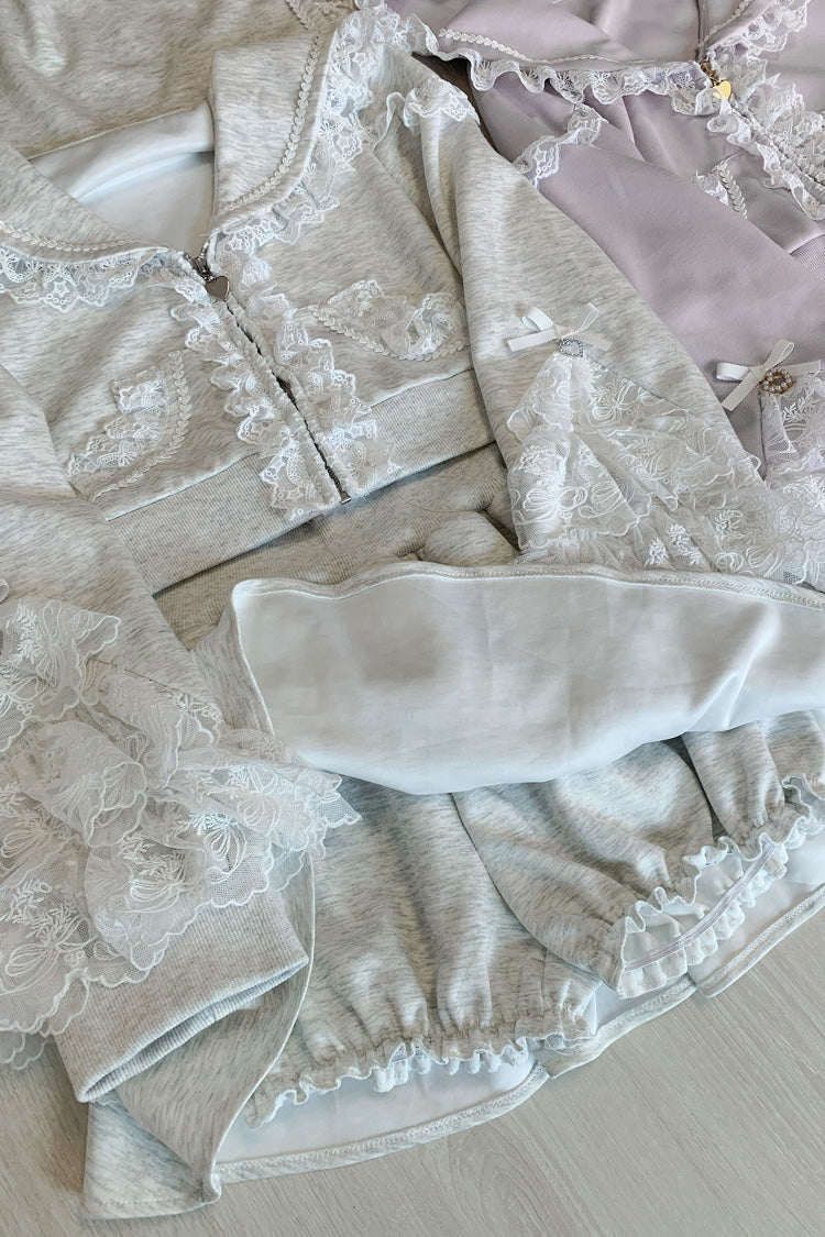 Pink [Heartbeat Rhythm] Long Sleeves Ruffle Lace Hooded Jirai Kei Japanese Skirt Set - Product - 6