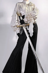 Black [The Rose and the Sword] Stand Collar Long Puff Sleeves Ruffled Embroidered Bow Classic Gothic Prince Ouji Lolita Pants Set - Product - 2