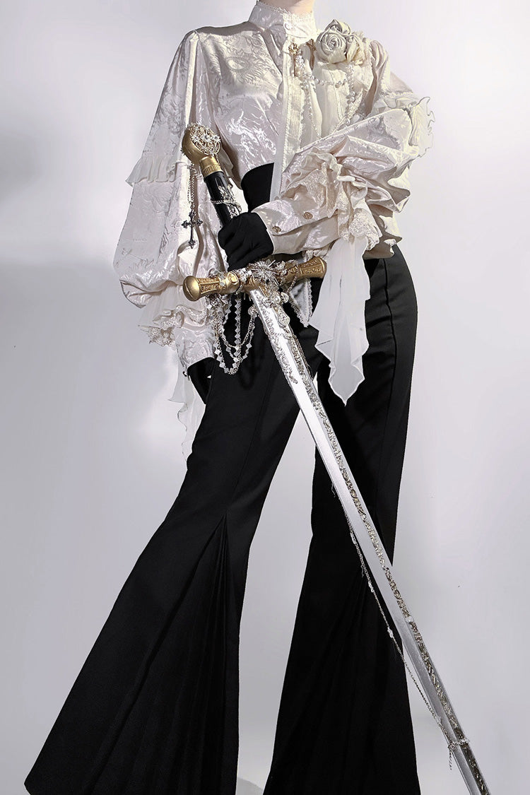 Black [The Rose and the Sword] Stand Collar Long Puff Sleeves Ruffled Embroidered Bow Classic Gothic Prince Ouji Lolita Pants Set - Product - 2
