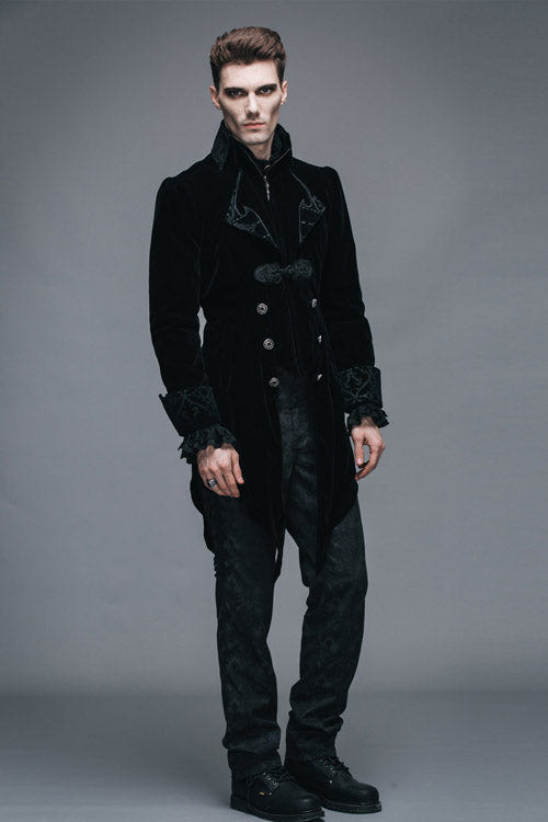 Black Embroidered Collar Long Sleeves Mens Velveteen Tuxedo Gothic Coat - Product - 6