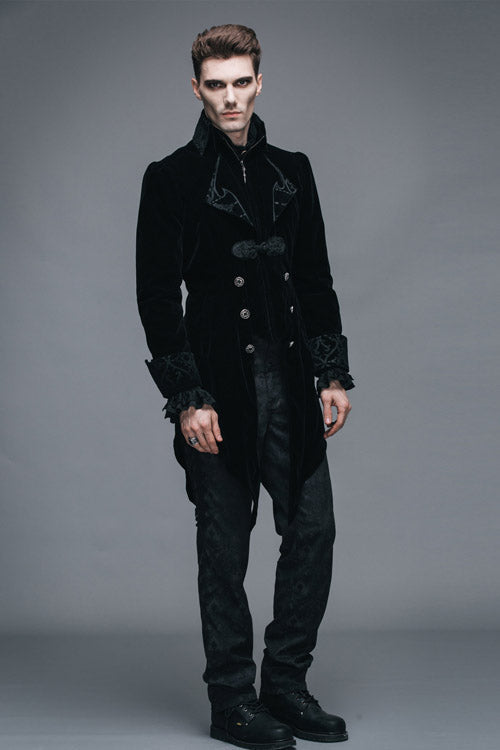 Black Embroidered Collar Long Sleeves Mens Velveteen Tuxedo Gothic Coat - Product - 6
