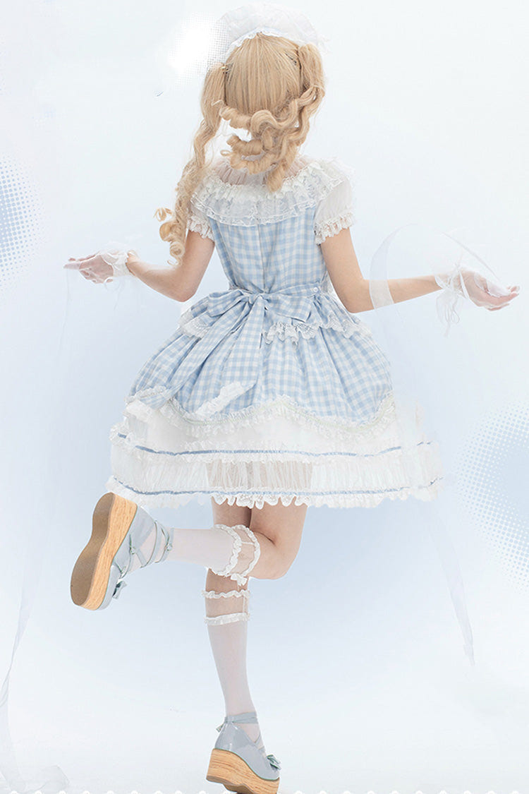Blue [Tea Break Sweetheart] Short Sleeves Multi-Layered Plaid Print Ruffle Sweet Lolita Dress - Product - 4
