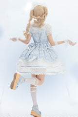 Blue [Tea Break Sweetheart] Short Sleeves Multi-Layered Plaid Print Ruffle Sweet Lolita Dress - Product - 4