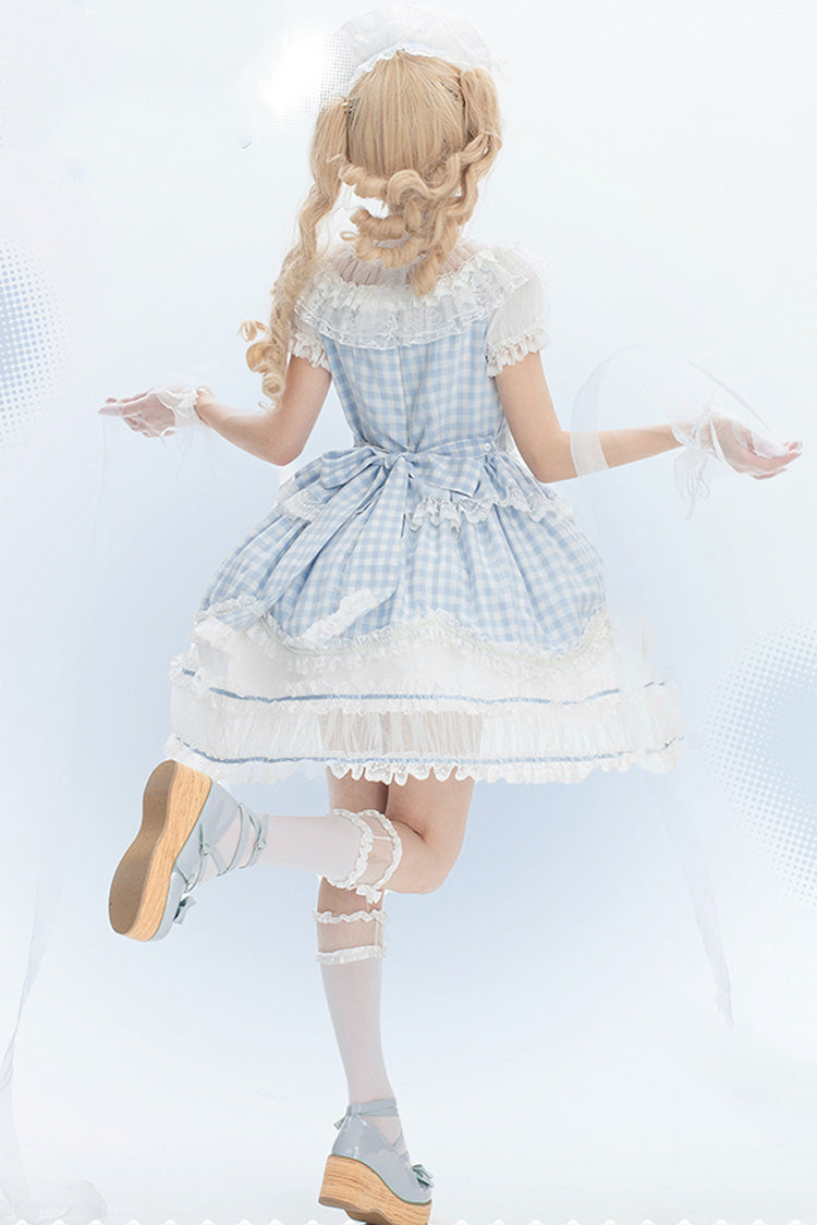 Blue [Tea Break Sweetheart] Short Sleeves Multi-Layered Plaid Print Ruffle Sweet Lolita Dress - Product - 4