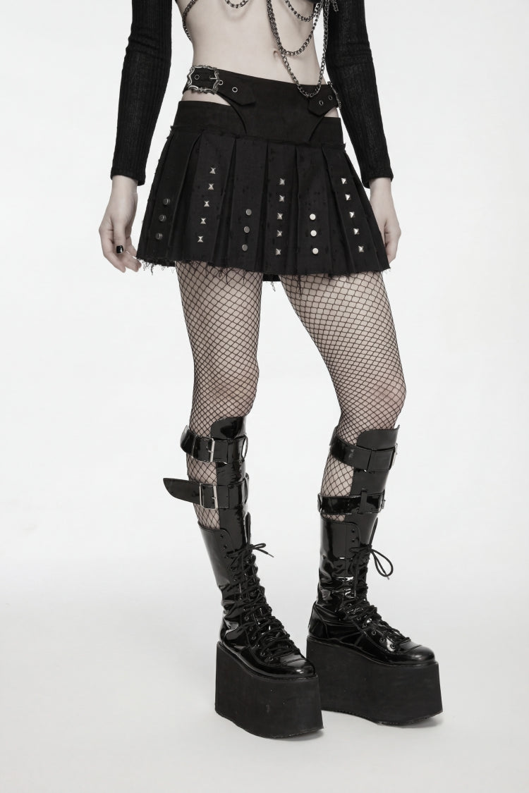 Black Patchwork Studded Pleated Women's Punk Preppy Style Skirt - Product - 8