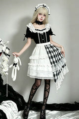 Black/White Short Sleeves Plaid Printed Lace Irregular Asymmetric Gothic Lolita Skirt Set - Black/White(Set) - 1