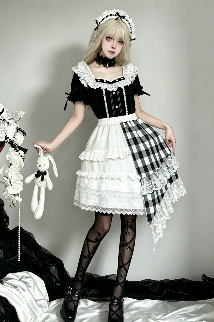 Black/White Short Sleeves Plaid Printed Lace Irregular Asymmetric Gothic Lolita Skirt Set - Black/White(Set) - 1