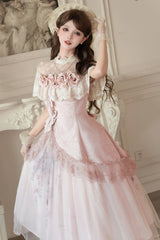 Pink [Rose Poems] Ruffle Embroidery Bowknot Lace Asymmetric Sweet Elegant Lolita Dress Set - Product - 4