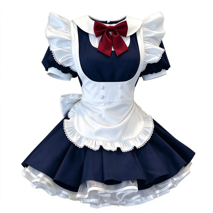Navy Blue and White Lace Maid Lolita Jumper Dress with Red Bow