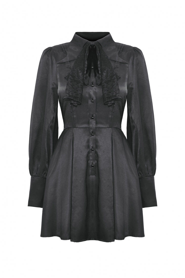 Black Turn-down Collar Long Lantern Sleeves Women's Gothic Dress with Necktie - Product - 3